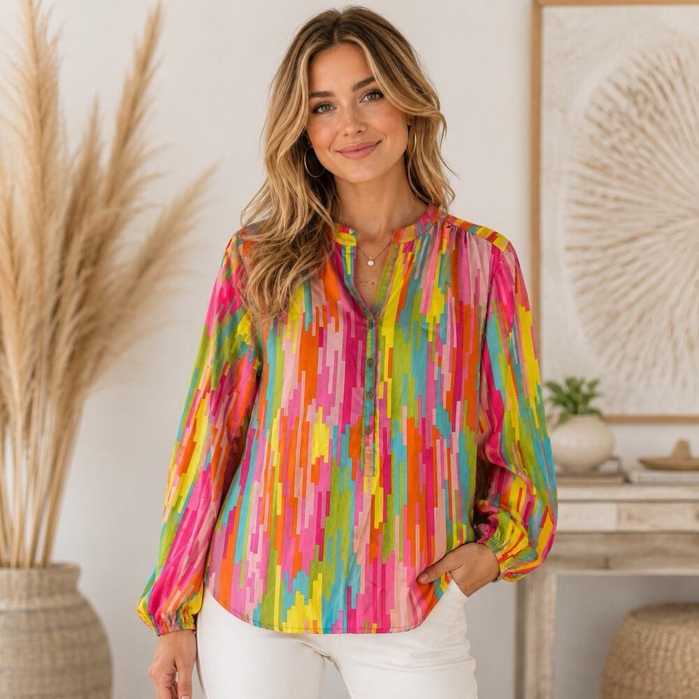 Buckhead Betties Women’s L Colorful Geometric Blouse Dopamine Mod Boho Tunic